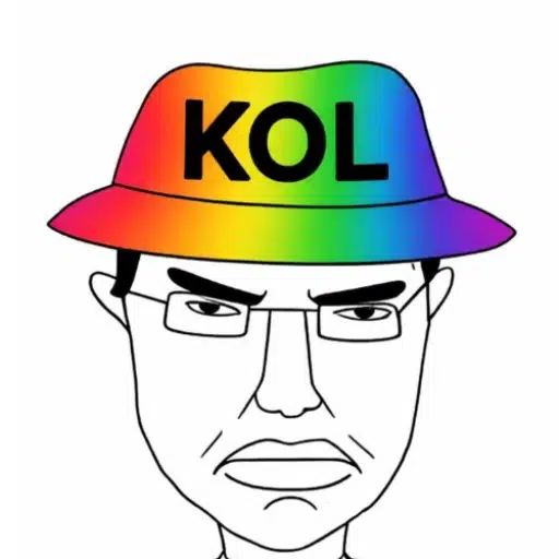 the $KOL mascot — a frowning man in glasses wearing a rainbow KOL hat